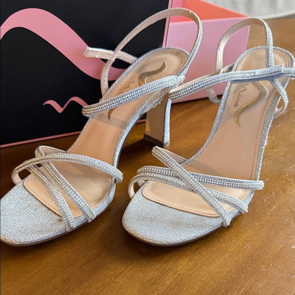 Nina Elegant Silver Strappy Heels size 8